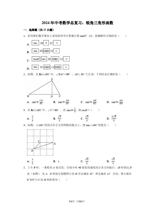 2024年中考数学总复习：锐角三角形函数(附答案解析)