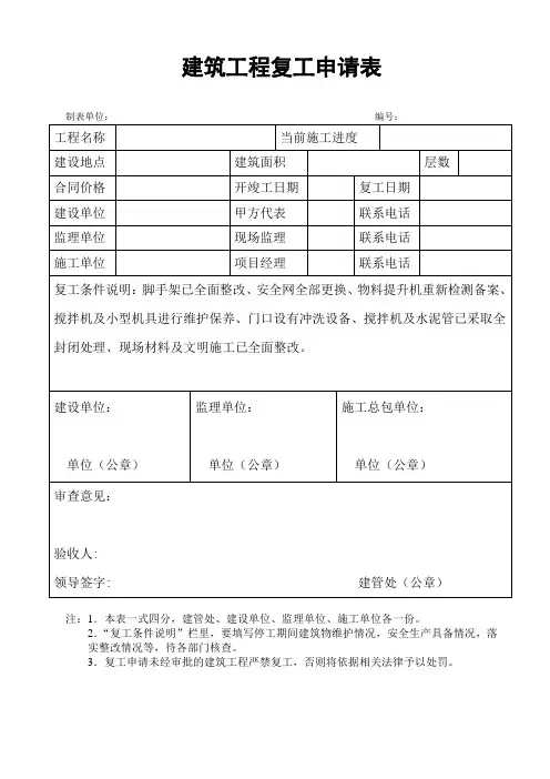 建筑工程复工申请表