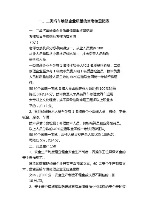 一、二类汽车维修企业质量信誉考核登记表