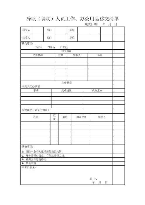 辞职(调动)人员工作、办公用品移交清单