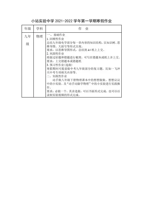 九年级物理寒假作业