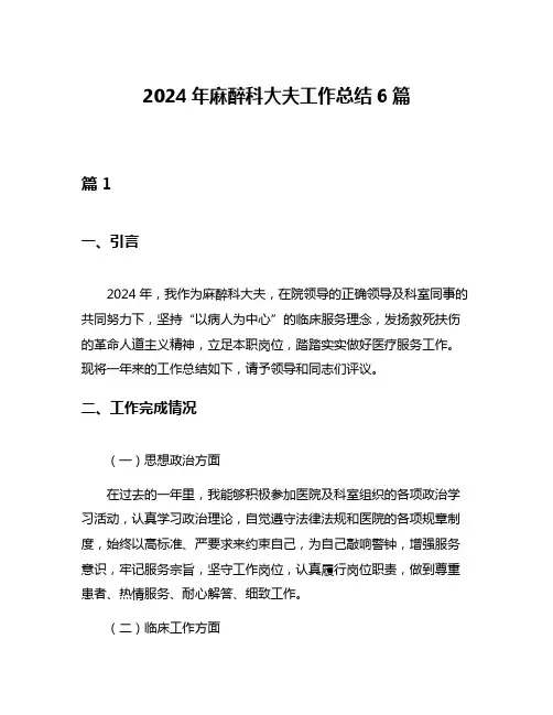2024年麻醉科大夫工作总结6篇