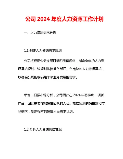 公司2024年度人力资源工作计划