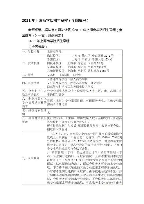 2011年上海商学院招生章程（全国统考）