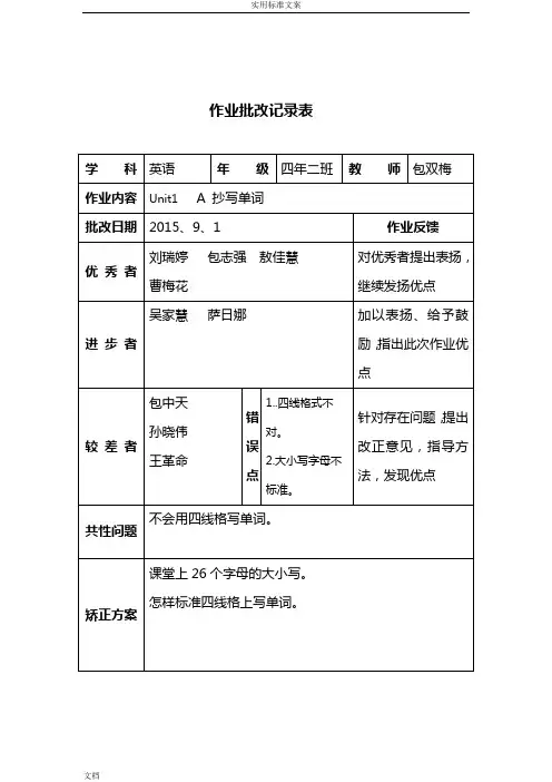 小学作业批改记录簿(上)汇总情况