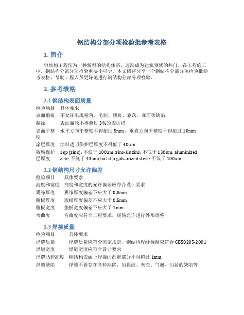 钢结构分部分项检验批参考表格