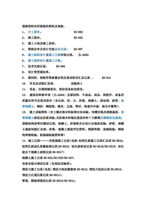 道路资料员所要做的资料及表格