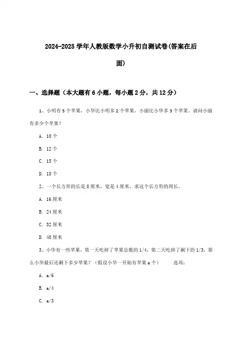2024-2025学年人教版小升初数学试卷及答案指导