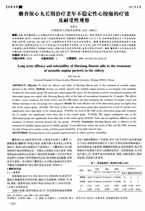 麝香保心丸长期治疗老年不稳定性心绞痛的疗效及耐受性观察