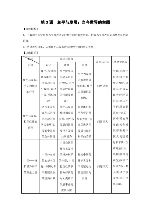 教学设计1：第3课  和平与发展：当今世界的主题