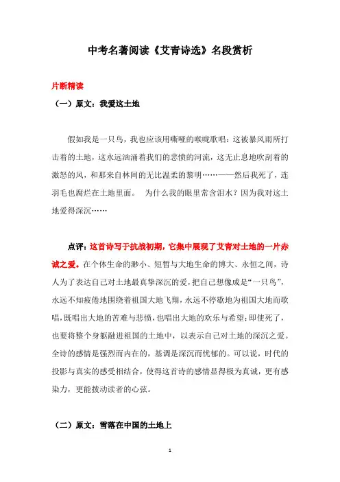 中考名著阅读《艾青诗选》名段赏析