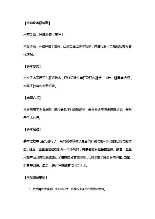 手术记录：左肝切除术,肝十二指肠韧带骨骼化清扫