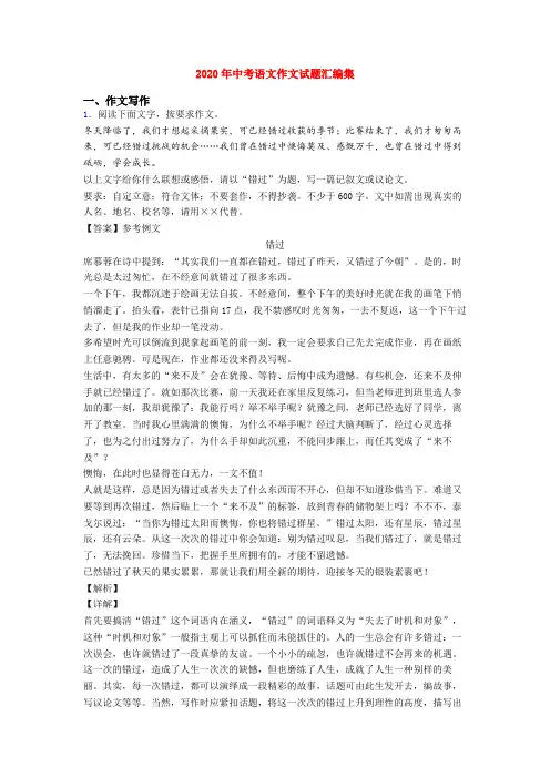 2020年中考语文作文试题汇编集
