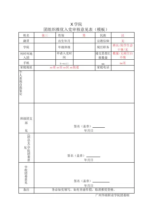 X学院团组织推优入党审核意见表(模板)