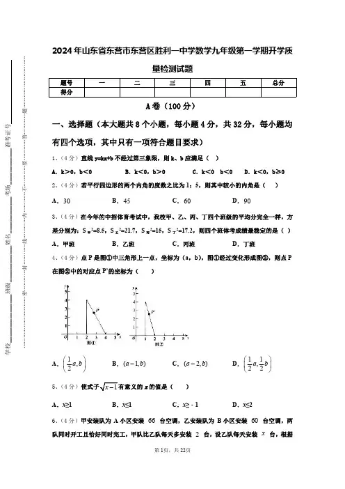 2024年山东省东营市东营区胜利一中学数学九年级第一学期开学质量检测试题【含答案】