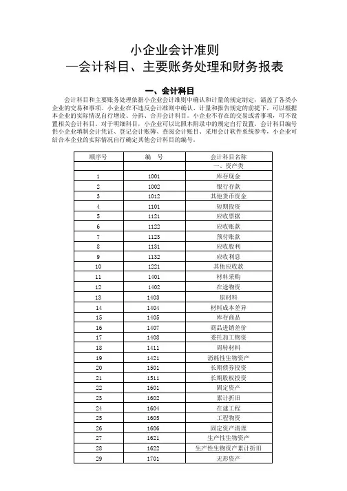 小企业会计准则会计科目、主要账务和财务报表