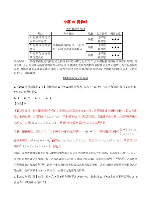 三年高考(2020)高考数学试题分项版解析 专题19 抛物线 理(含解析)