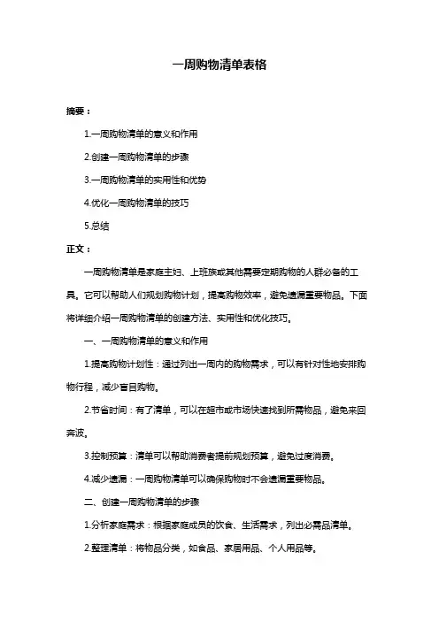 一周购物清单表格