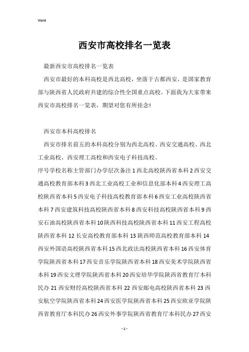 西安市大学排名一览表
