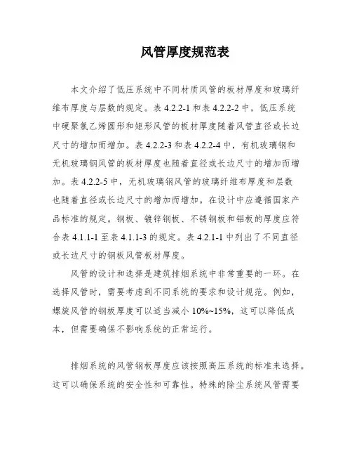 风管厚度规范表