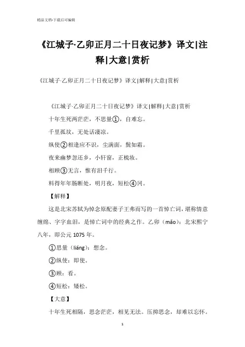《江城子·乙卯正月二十日夜记梦》译文-注释-大意-赏析