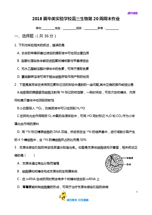【必修2 一轮】华美实验学校高三生物第20周周末作业