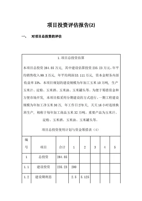项目投资评估报告