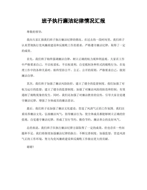 班子执行廉洁纪律情况汇报