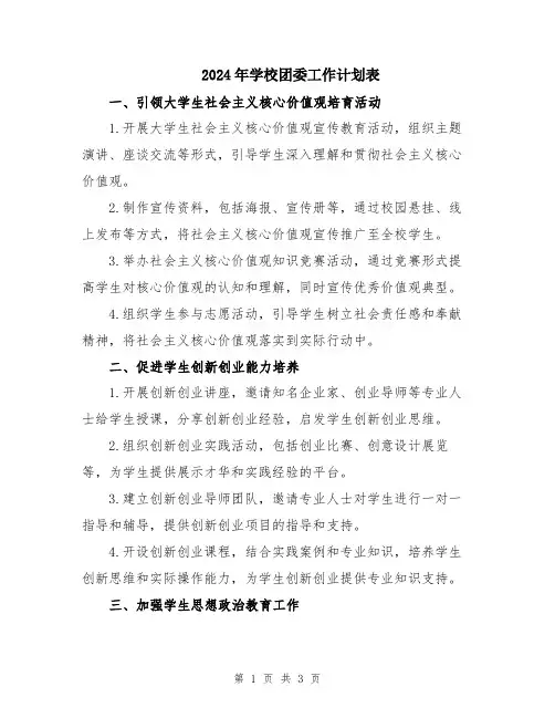 2024年学校团委工作计划表