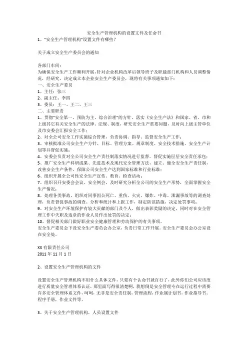 安全生产管理机构的设置文件及任命书安全生产