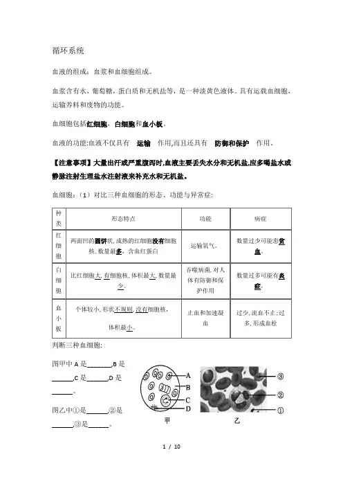 初中生物中考一轮复习：循环系统总结与练习