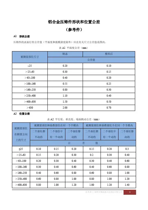 铝合金压铸件公差标准