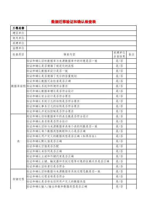 数据迁移验证和确认检查表