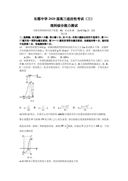 湖南省长郡中学2020届高三第三次适应性考试理综物理试题 word含答案