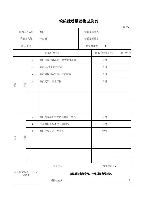 电动阀检验批质量验收记录表