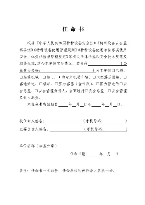 特种设备安全总监任命书