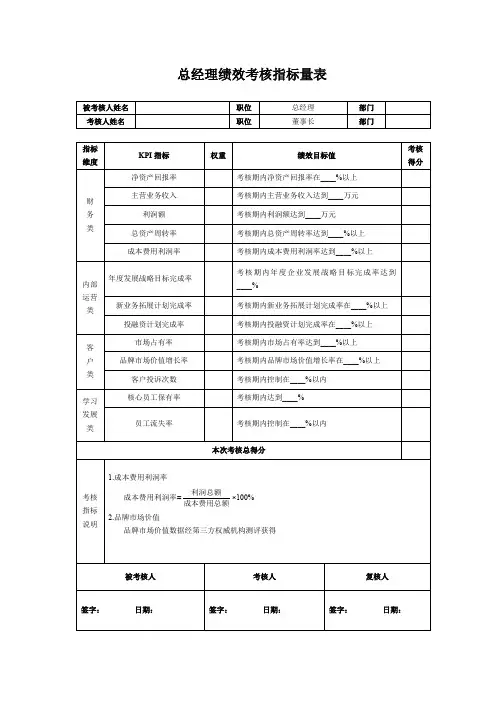 公司总经理KPI绩效考核指标