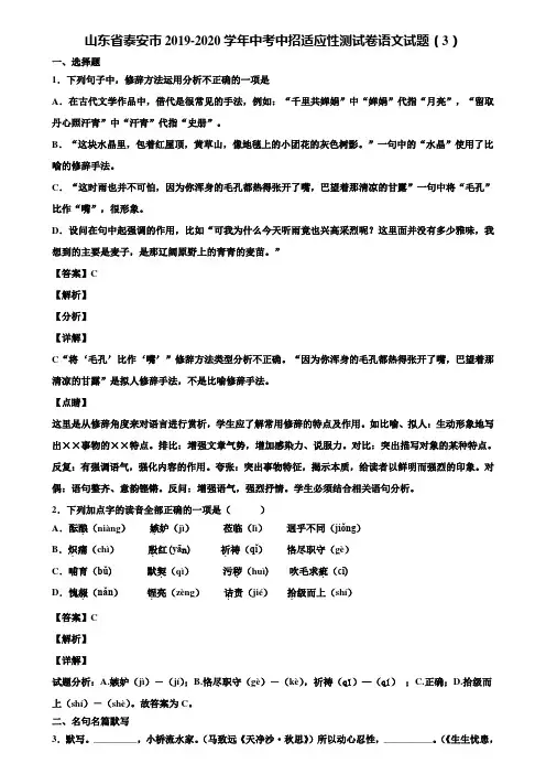 山东省泰安市2019-2020学年中考中招适应性测试卷语文试题(3)含解析