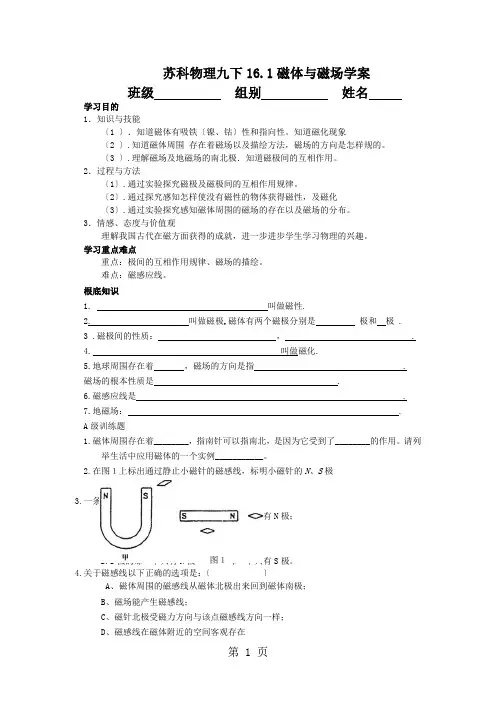 苏科版九年级物理下册学案 16.1磁体与磁场
