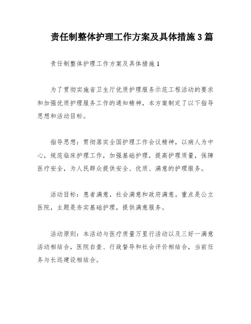 责任制整体护理工作方案及具体措施3篇