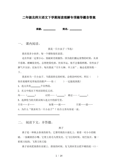 二年级北师大语文下学期阅读理解专项辅导题含答案