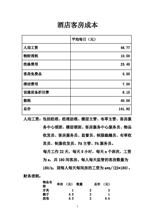 酒店客房成本计算