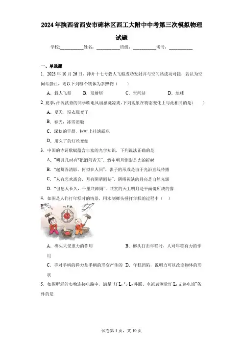 2024年陕西省西安市碑林区西工大附中中考第三次模拟物理试题