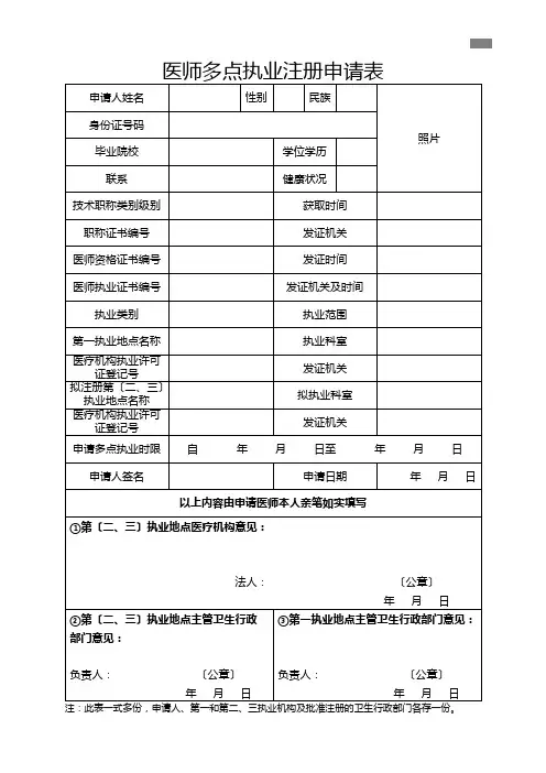 医师多点执业注册申请表