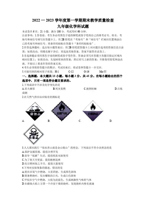 2022-2023学年广东省潮州市九年级上学期期末考试化学试卷含答案