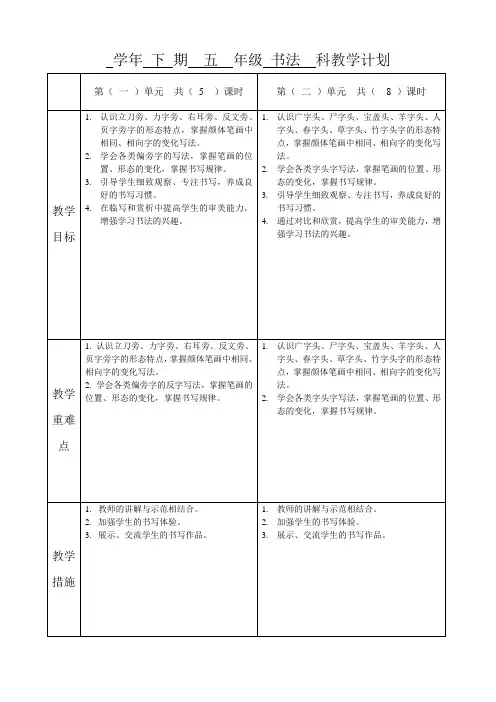 五年级下期书法 教学计划