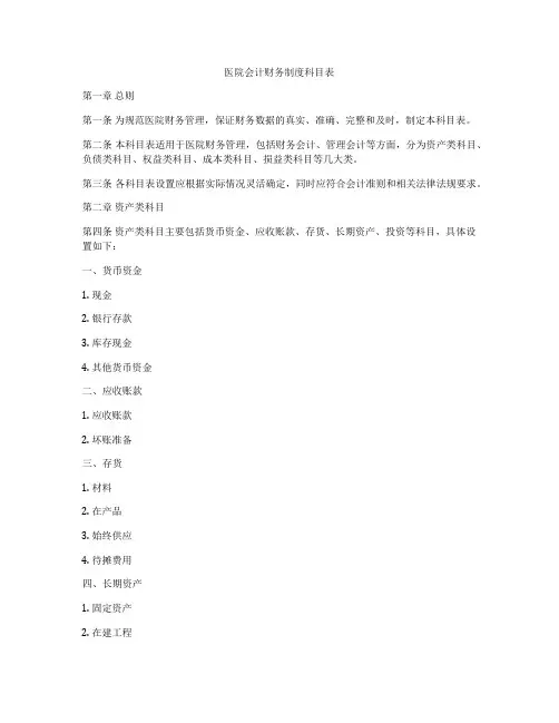医院会计财务制度科目表