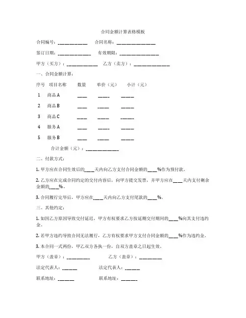 合同金额计算表格模板