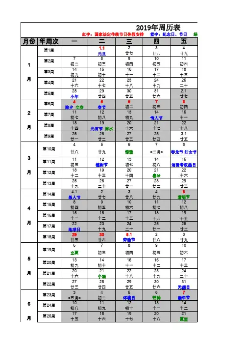 2019年周历(阴历完美修订版)