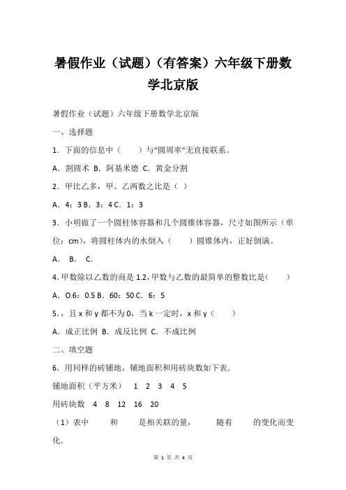 暑假作业(试题)(有答案)六年级下册数学北京版
